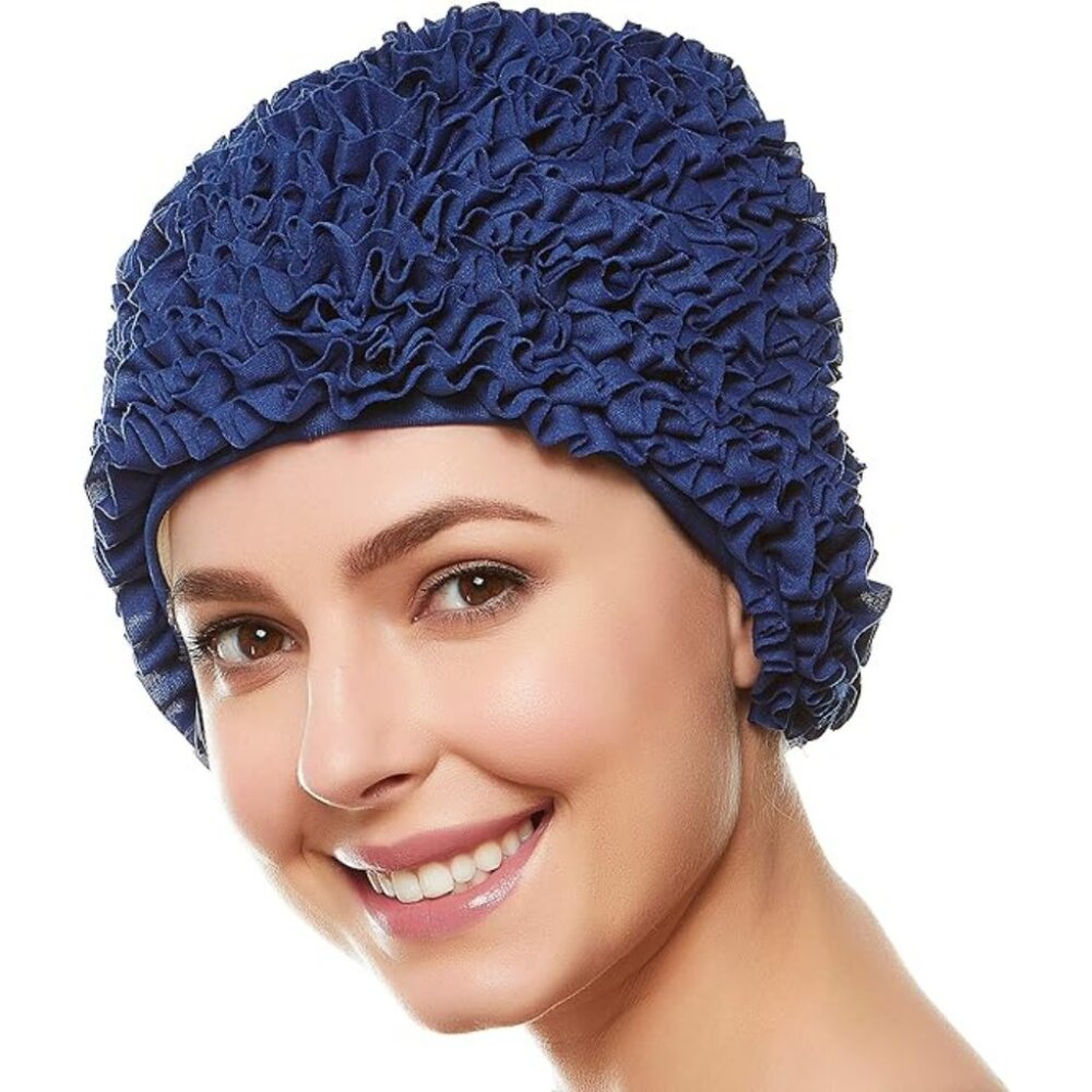 Beemo Women’s Swim Bathing Cap Turban Polyester Lined Ruffled Shower Cap - Navy